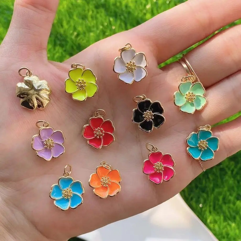 10Pcs Flower Shape Enamel Lucky Charm Pendant Necklace
