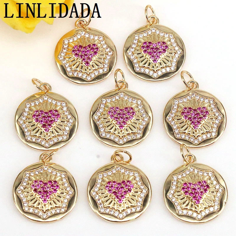 10Pcs CZ Micro Pave Round Coin Love Heart Charms Pendant DIY Necklace Bracelet