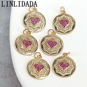 10Pcs CZ Micro Pave Round Coin Love Heart Charms Pendant DIY Necklace Bracelet