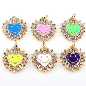 10Pcs Crystal Zircon Enamel Smiley Happy Face Pendant Women Neon Jewelry