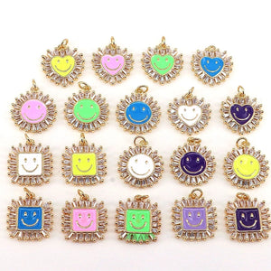 10Pcs Crystal Zircon Enamel Smiley Happy Face Pendant Women Neon Jewelry