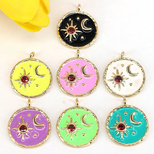 10Pcs Plated Star Moon Pendant,Enamel Crescent Charm,Micro Pave CZ Enamel