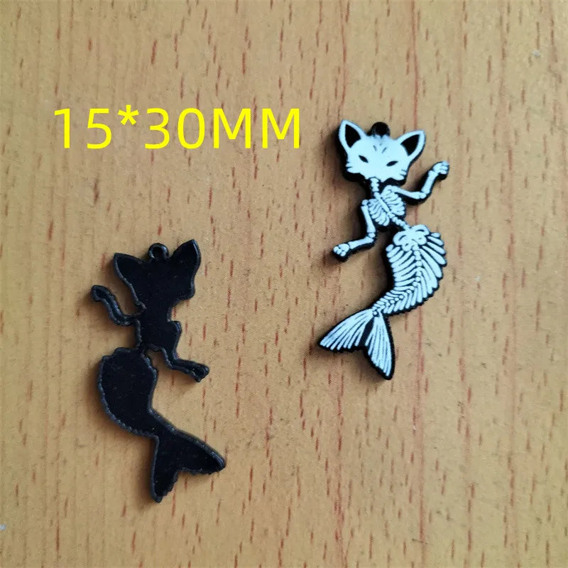 10Pcs Halloween Skull Fishbone Cat Charm Acrylic Animal Charms Pendant DIY