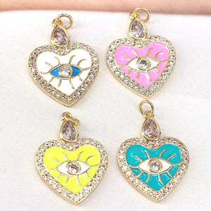 10Pcs Heart Eye Pendant, Enamelled Crystal Zirconia Heart Jewelry