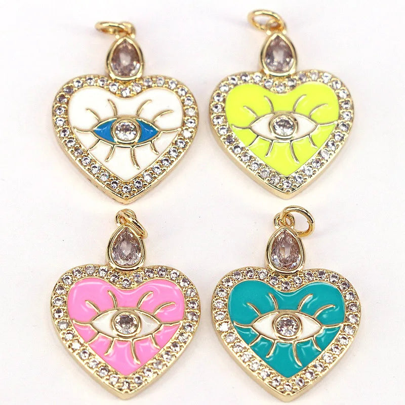 10Pcs Heart Eye Pendant, Enamelled Crystal Zirconia Heart Jewelry