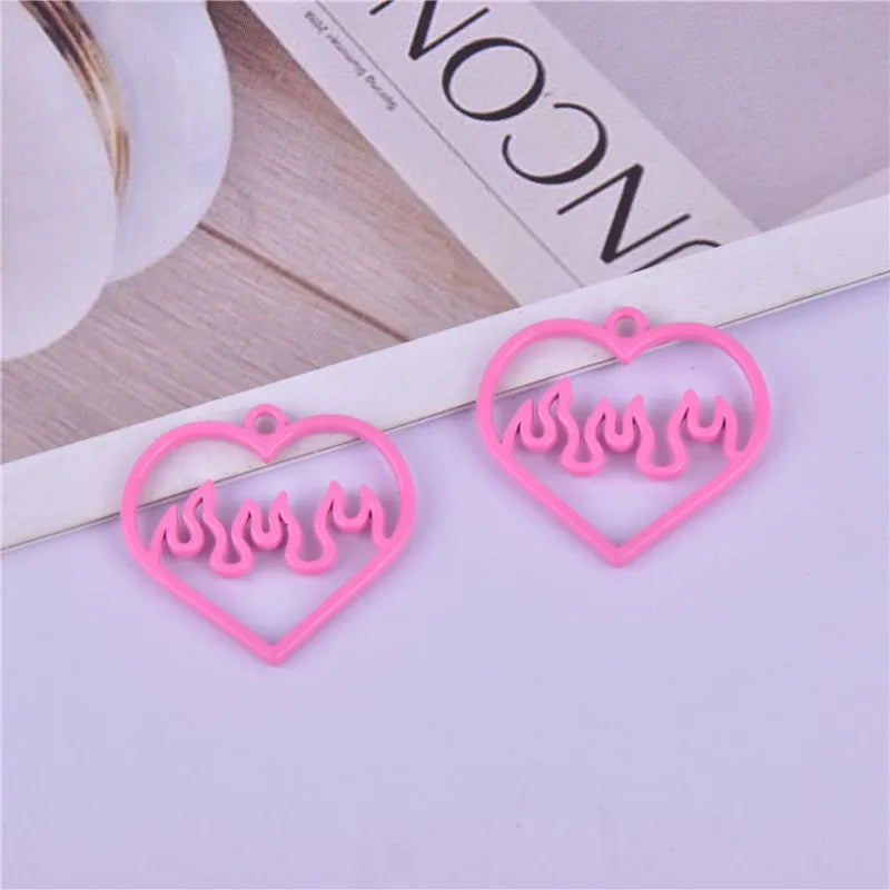 10Pcs Hollow Fire Heart Charms for Jewelry Making