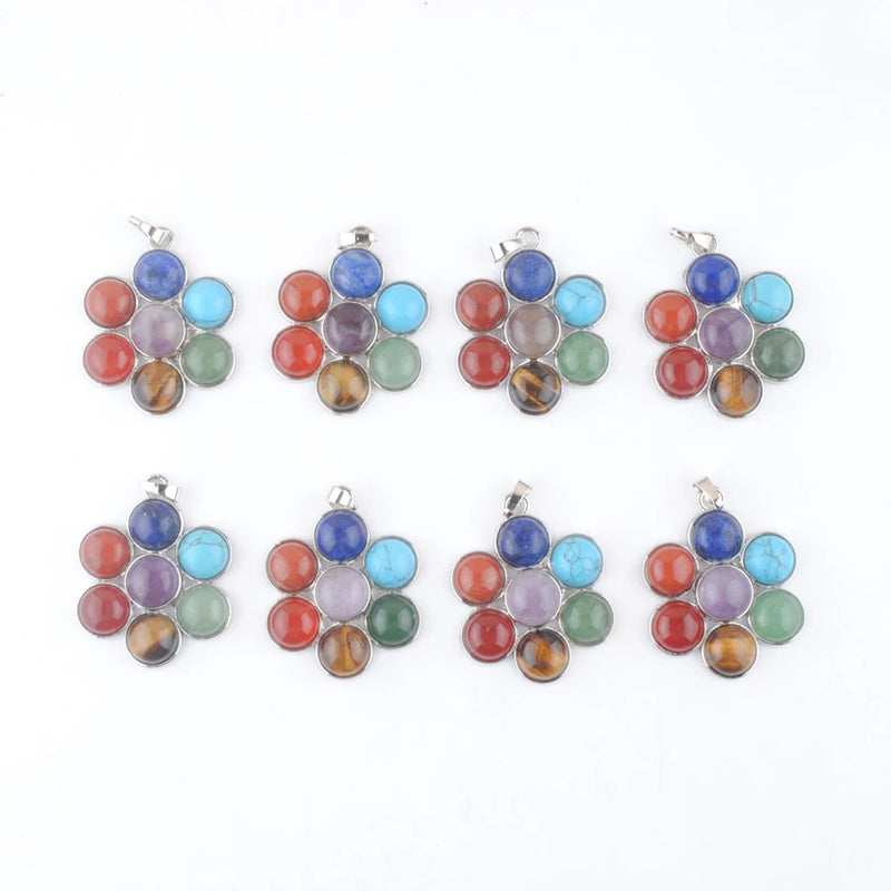 10Pcs Multicolor Gem Stone Flower Healing Pendant Charm Bead IN3268