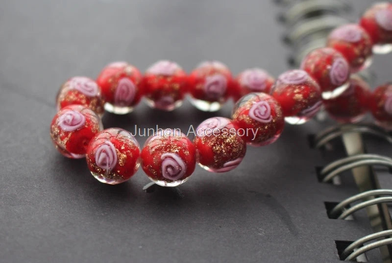10Pcs/Lot 10mm 12mm Red Lampwork Flower Beads Japanese Style