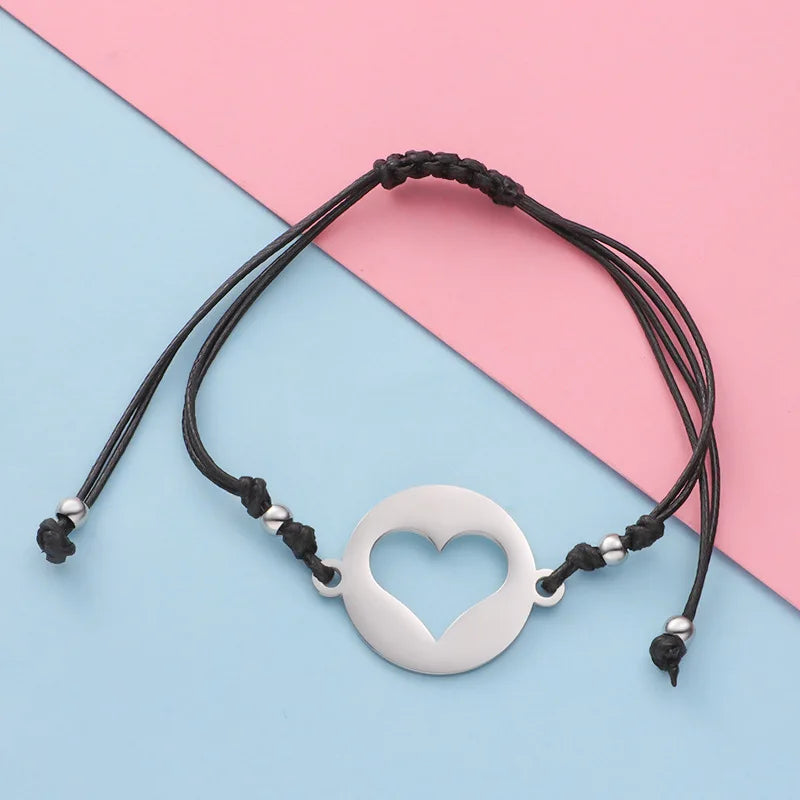 Adjustable Rope Charm Heart Bracelet Set Stainless Steel Charms Couple Bracelets
