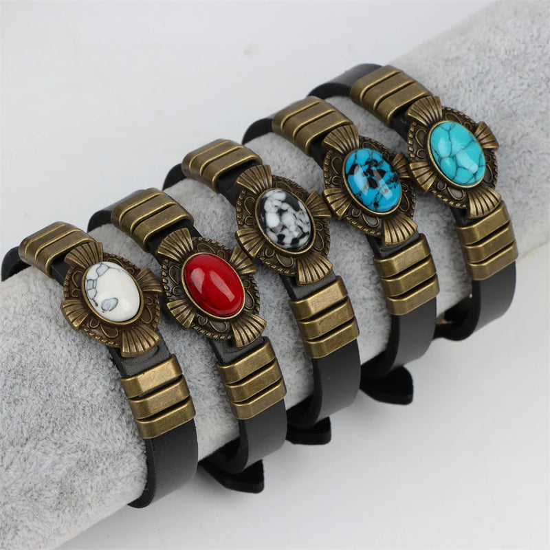 Boho Brown Leather Turquoise Stone Bracelets For Men Women