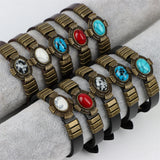 Boho Brown Leather Turquoise Stone Bracelets For Men Women