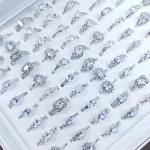 10Pcs Silver Crystal Zircon Rings Women Wedding Engagement Ring Bulk