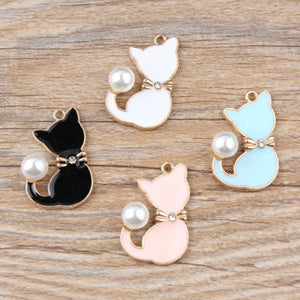 10Pcs DIY Enamels Charms Pearl Cat Alloy Pendant Making Jewelry Accessories
