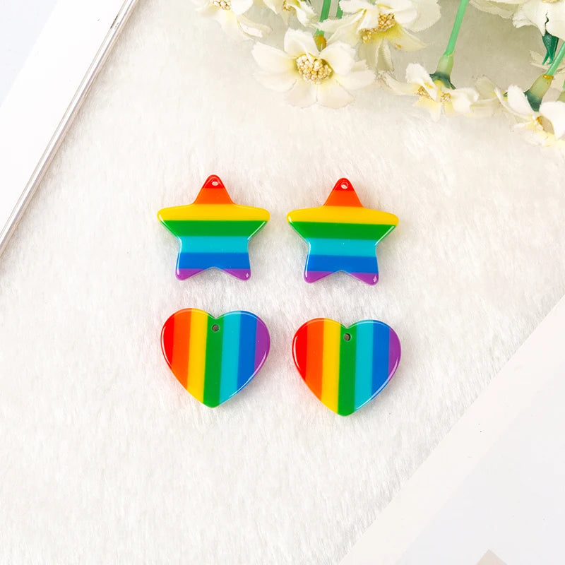 10Pcs/Lot Resin Rainbow Charms Flatback Striped Star Heart DIY Jewelry Making