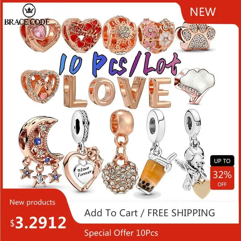 10Pc Rose Series Bead Bow Heart Beads for Silver Bracelet
