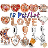 10Pc Rose Series Bead Bow Heart Beads for Silver Bracelet
