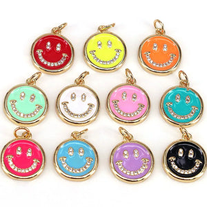 10Pcs Pave Enamel Smiley Face Pendant, Cubic Zirconia Pave Charm
