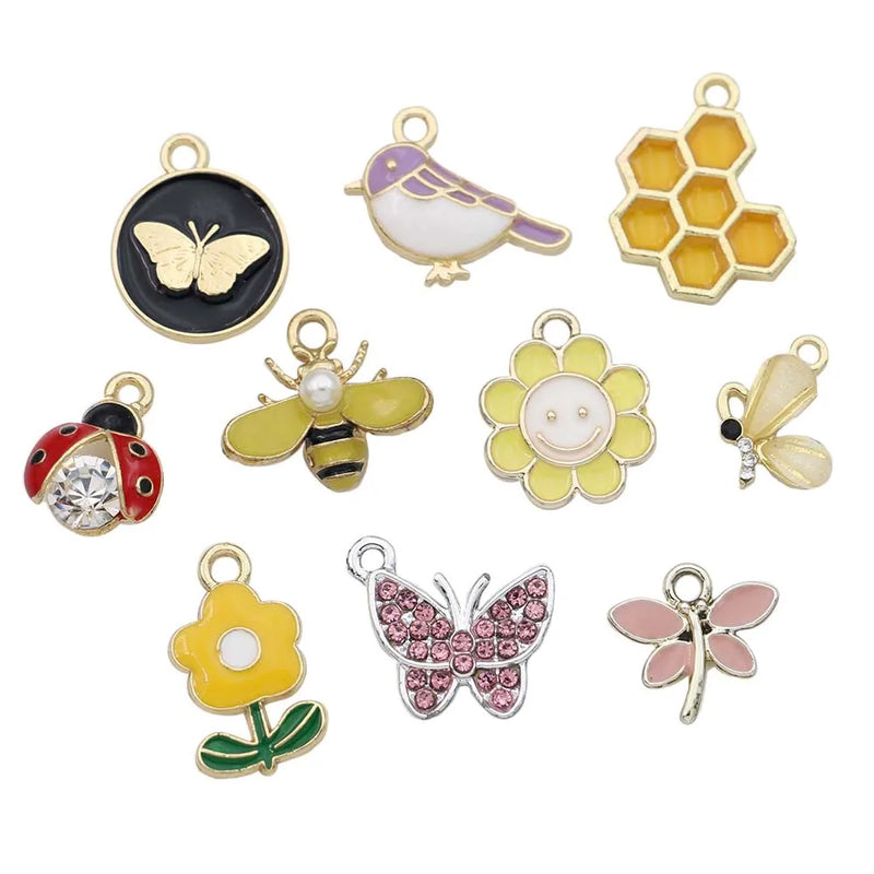 10Pcs Mix Lot Plated Enamel Bee Flower Bird Butterfly Charm Pendant