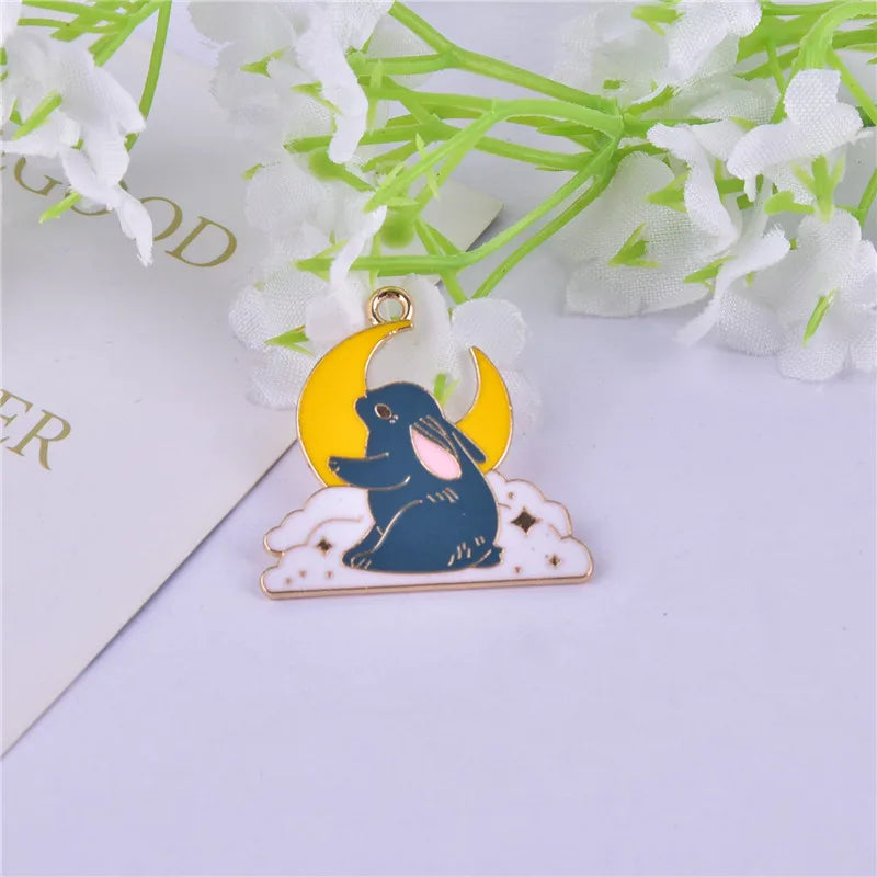 10Pcs Sun Moon Rabbit Charms Enamel Animal Pendants for DIY Jewelry Making