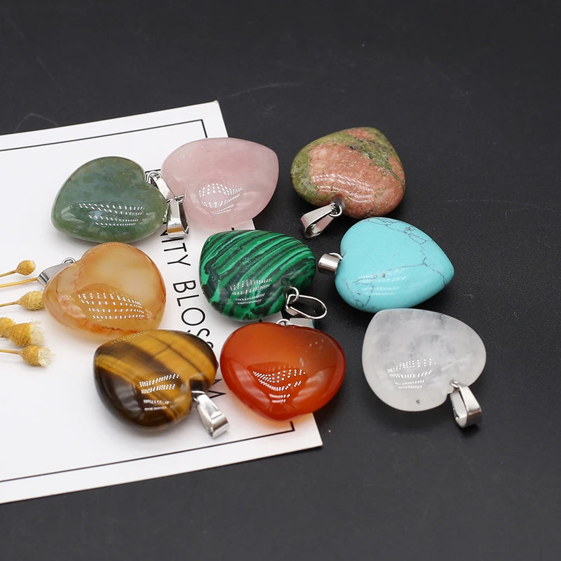 10Pcs Natural Stone Heart Agates Crystal Pendant Necklace 26x27mm