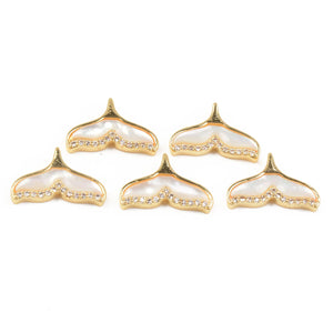 10Pcs Mother of Pearl Whale Tail Pendants with Rhinestones for DIY Jewelry