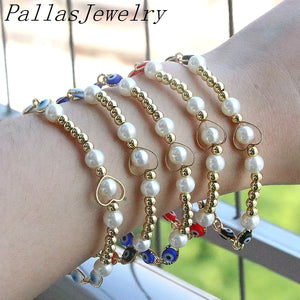 10Pcs Shell Pearl Bracelet, Heart Hollow Bracelets, Elastic Charm Gift