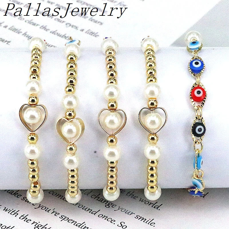 10Pcs Shell Pearl Bracelet, Heart Hollow Bracelets, Elastic Charm Gift