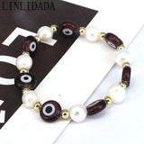10Pcs Freshwater Pearl Beaded Bracelet, Colorful Glass Eye Charm Stackable Gift