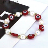 10Pcs Freshwater Pearl Beaded Bracelet, Colorful Glass Eye Charm Stackable Gift