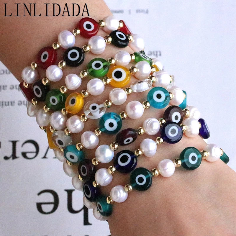 10Pcs Freshwater Pearl Beaded Bracelet, Colorful Glass Eye Charm Stackable Gift