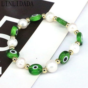 10Pcs Freshwater Pearl Beaded Bracelet, Colorful Glass Eye Charm Stackable Gift