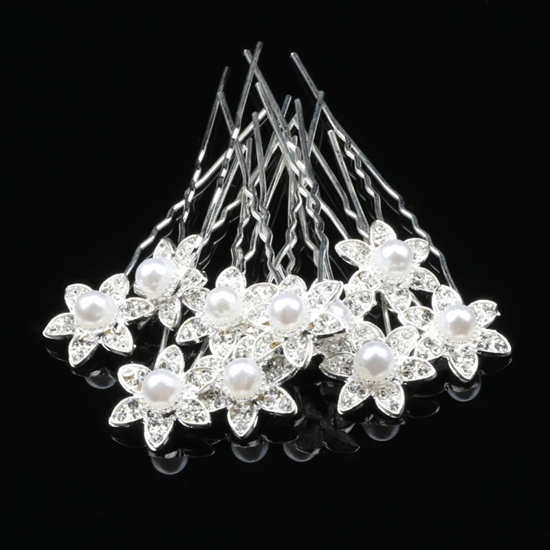 10Pcs Flower Pearl Bridal Hairpins Clips Crystal Barrette Hair Styling Tools
