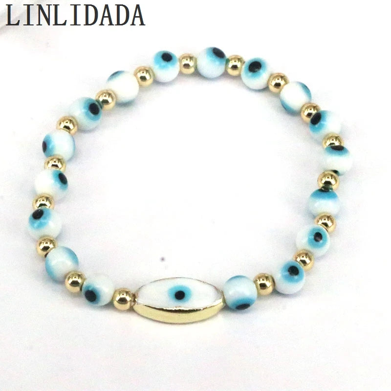 10Pcs Evil Eyes Beaded Charm Stretch Bracelets Lucky Heart Oval For Women Men