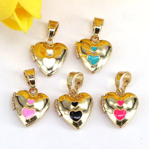 10Pcs Enamel Heart Locket Pendants - Vintage Charms Findings
