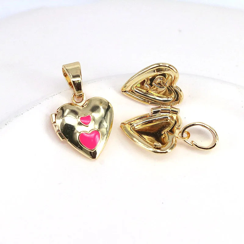 10Pcs Enamel Heart Locket Pendants - Vintage Charms Findings