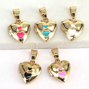 10Pcs Enamel Heart Locket Pendants - Vintage Charms Findings