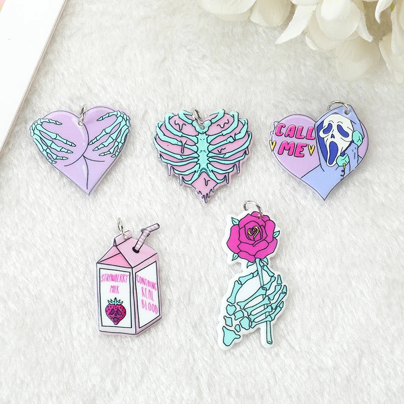 10Pcs Pastel Goth Ghost Charms Acrylic Skeleton Pendant