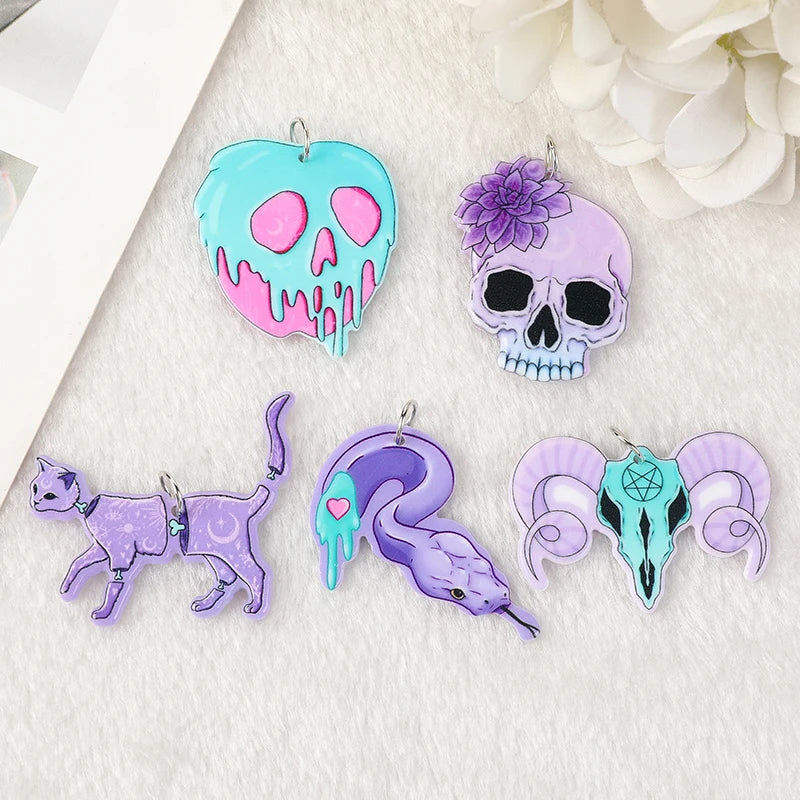 10Pcs Pastel Goth Snake Cat Skull Charms Acrylic Pendant For DIY Making