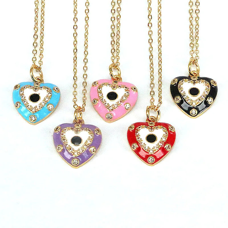 10Pcs Heart Zircon Enamel Pendant Chain Necklace Handmade Jewelry