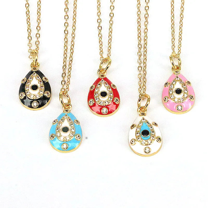 10Pcs Pink Enamel Water Drop Eye Crystal Charms Necklace For Women