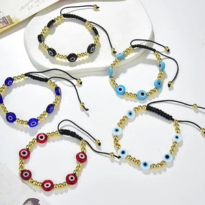 10Pcs Lampwork Beaded Eye Bracelet Brass Plated Adjustable Rope Braided