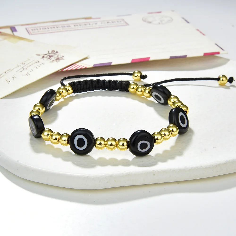 10Pcs Lampwork Beaded Eye Bracelet Brass Plated Adjustable Rope Braided
