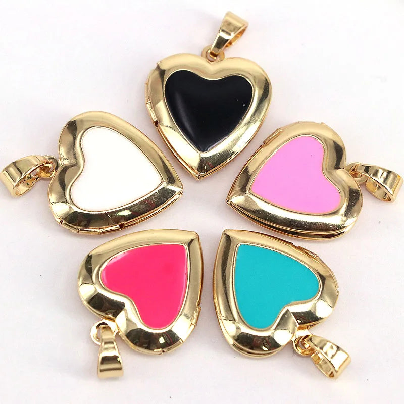 10Pcs Sweet Enamel Heart Locket Charms, Necklace Jewelry Accessories