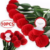 10Pcs Red Rose Flower Ring Box Velvet Earring Display Holder