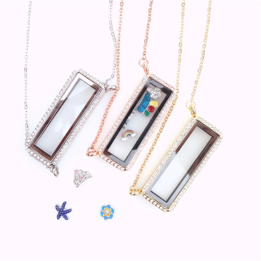 10Pcs Rose Necklace for Women Rhinestones Glass Memory Floating Charm Locket