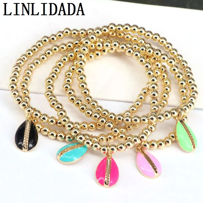 10Pcs Round Copper Beads with Colorful Enamel Shell Charm Women Gift Bracelets