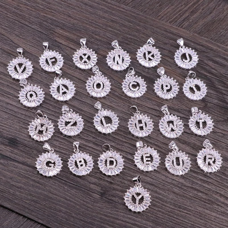 10Pcs Round Micro Pave Cubic Zirconia 26 Alphabet Letter Pendant Charms Necklace