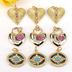 10Pcs CZ Heart Charms, Shiny Plated Pendants, Jewelry Findings