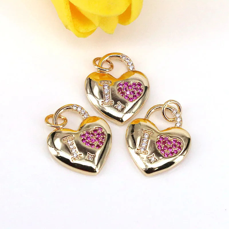 10Pcs CZ Heart Charms, Shiny Plated Pendants, Jewelry Findings