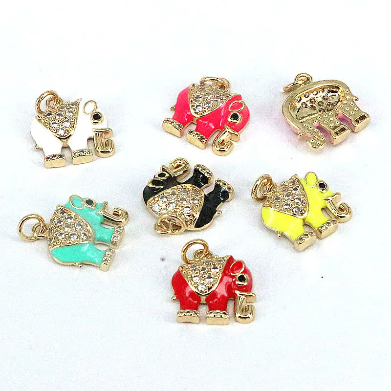 10Pcs Elephant Zircon Charm Pendant, Delicate CZ/Enamel Jewelry Charms